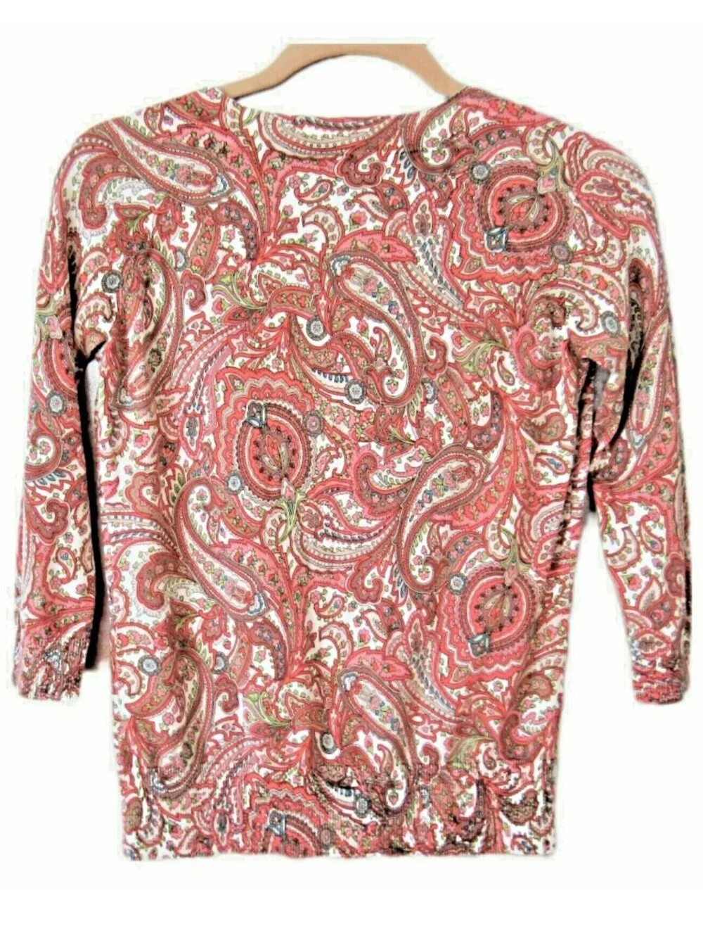 Talbots Paisley Cardigan Sweater Size XS - 3/4 Sleeves EUC Coral Rayon/Cotton - Picture 3 of 4